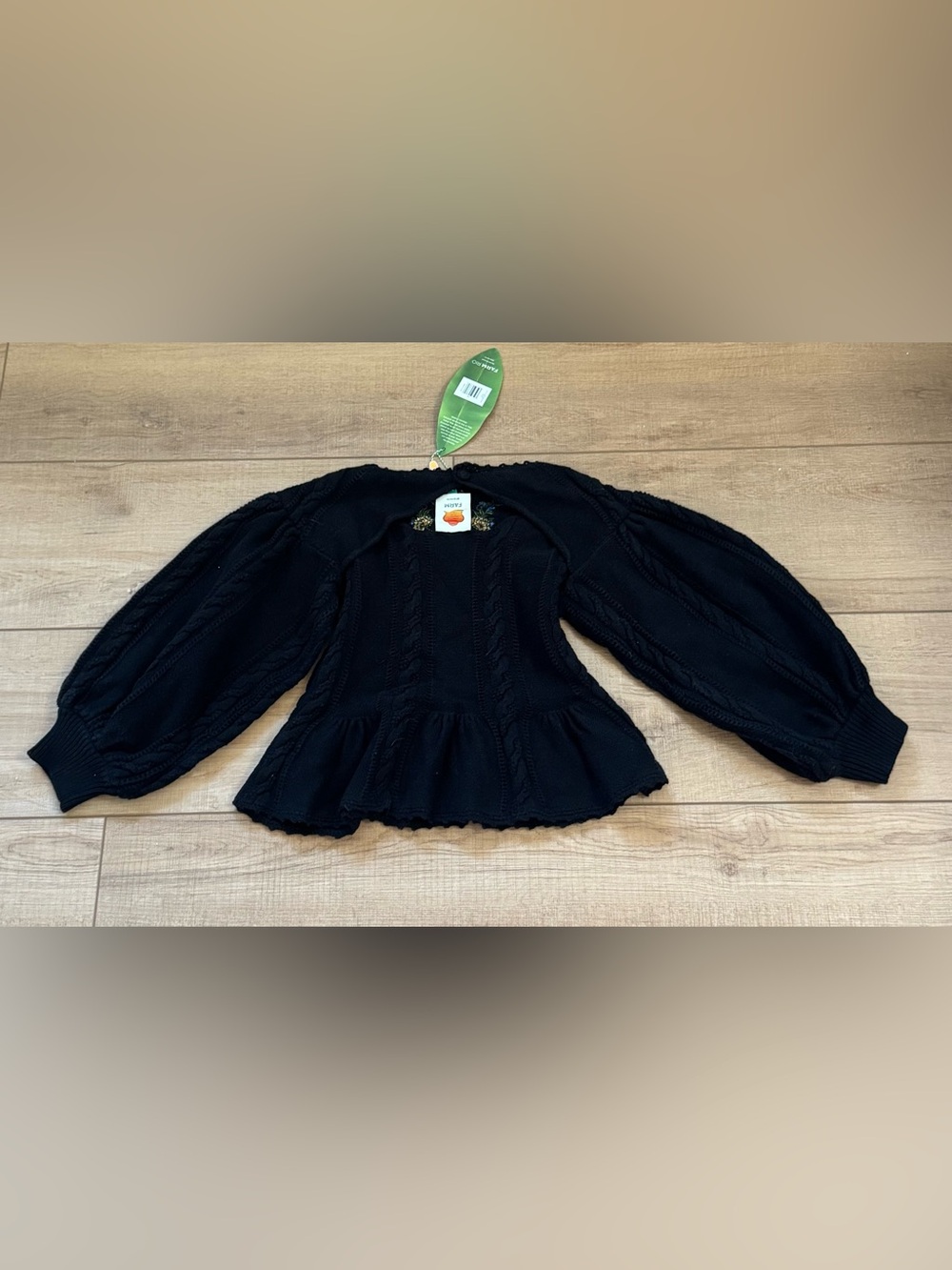 Farm Rio Black Embroidered Sunflower Cable Knit Peplum Sweater Top NWT Medium - Picture 4 of 13